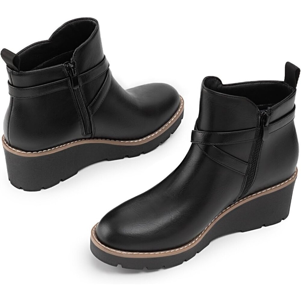 Women's Black Wedge Ankle Boots Platform Lug Sole Buckle Zip Short Booties - Picture 4 of 6